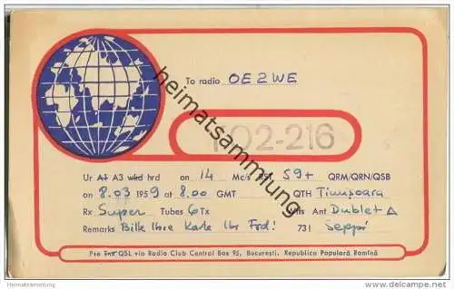 QSL - QTH - Funkkarte - YO2-216 - Rumänien - Timisoara - 1959