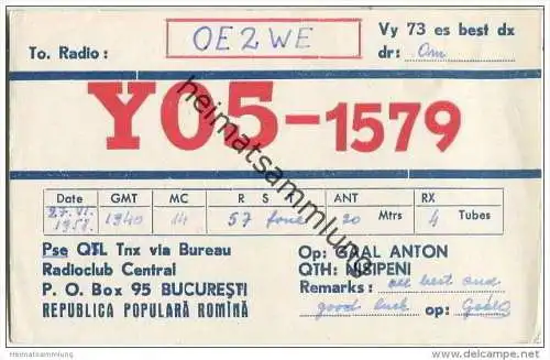 QSL - QTH - Funkkarte - YO5-1579 - Rumänien - Nisipeni - 1958