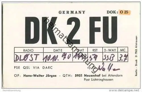 QSL - QTH - Funkkarte - DK2FU - Attendorn-Neuenhof - 1970