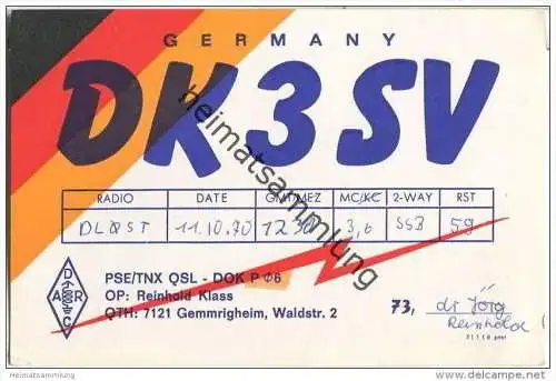 QSL - QTH - Funkkarte - DK3SV - Gemmrigheim - 1970