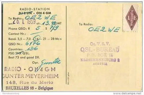 QSL - QTH - Funkkarte - ON4GM - Belgien - Brussels - 1959