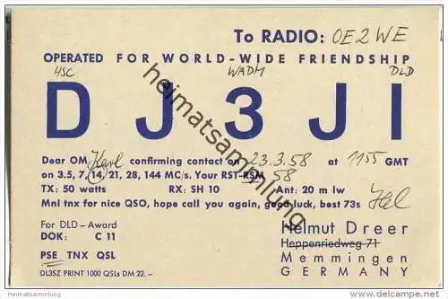 QSL - QTH - Funkkarte - DJ3JI - Memmingen - 1958