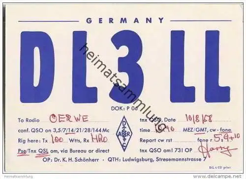 QSL - QTH - Funkkarte - DL3LL - Ludwigsburg - 1958