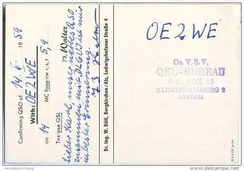 QSL - QTH - Funkkarte - DJ4XL - Burgkirchen an der Alz - 1959