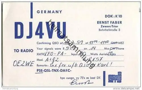 QSL - QTH - Funkkarte - DJ4VU - Trier-Zewen - 1959