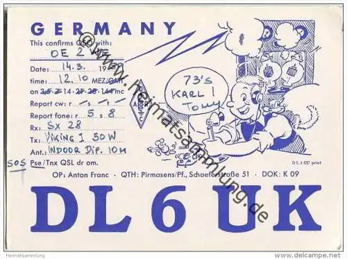 QSL - QTH - Funkkarte - DL6UK - Pirmasens - 1959