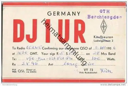 QSL - QTH - Funkkarte - DJ1UR - Berchtesgaden - 1956