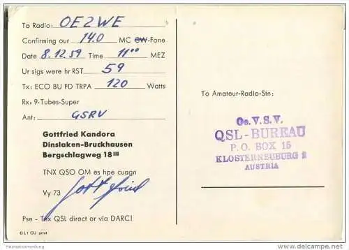 QSL - QTH - Funkkarte - DJ4HO - Dinslaken-Bruckhausen - 1959