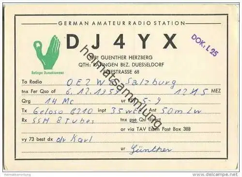 QSL - QTH - Funkkarte - DJ4YX - Ratingen - 1959