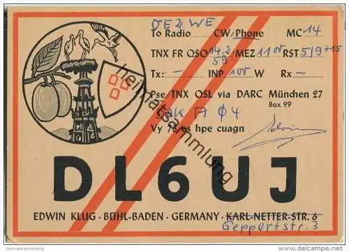 QSL - QTH - Funkkarte - DL6UJ - Bühl (Baden) - 1959