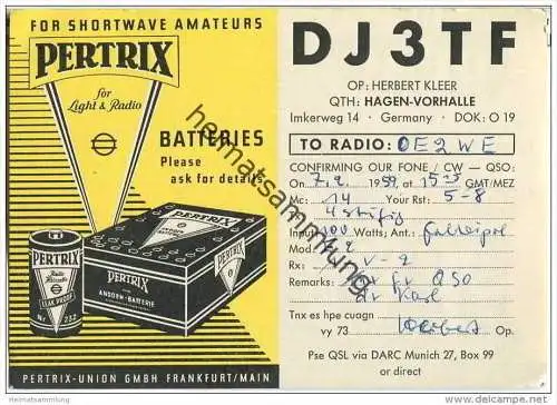 QSL - QTH - Funkkarte - DJ3TF - Hagen-Vorhalle - 1959
