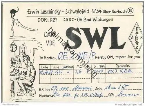 QSL - QTH - Funkkarte - SWL - Willingen-Schwalefeld - 1959