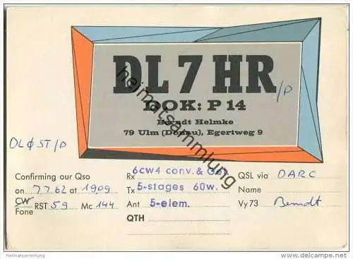 QSL - QTH - Funkkarte - DL7HR - Ulm - 1962