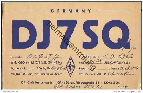 QSL - QTH - Funkkarte - DJ7SQ - Düren - 1962