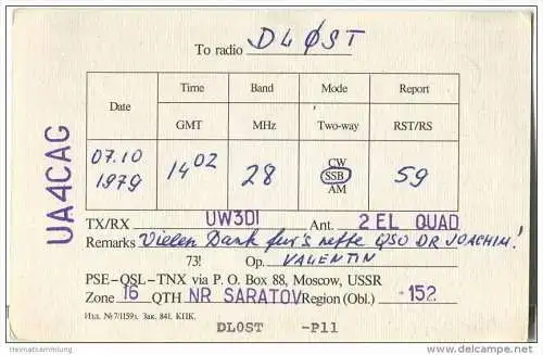 QSL - QTH - Funkkarte - UA4CAG - Russland - Nr Saratov - 1979