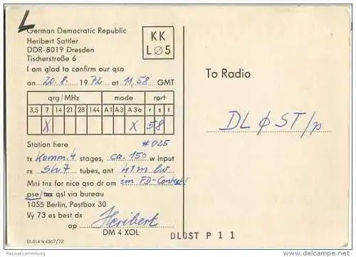 QSL - QTH - Funkkarte - DM4XOL - Dresden - VEB R-F-T Messelektronik - 1972