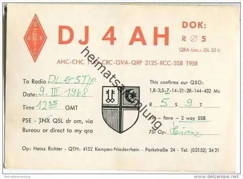 QSL - QTH - Funkkarte - DJ4AH - Kempen - 1968