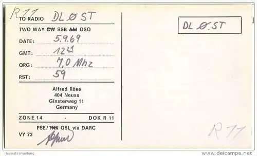 QSL - QTH - Funkkarte - DK3OS/p - Neuss - 1969