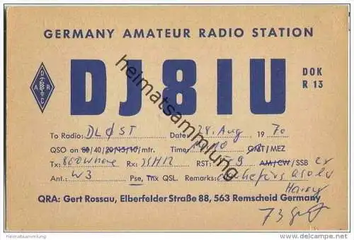 QSL - QTH - Funkkarte - DJ8IU - Remscheid - 1970