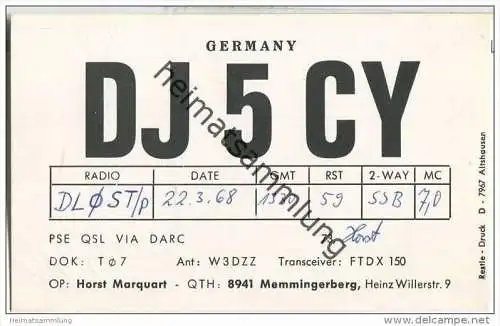 QSL - QTH - Funkkarte - DJ5CY - Memmingerberg - 1968