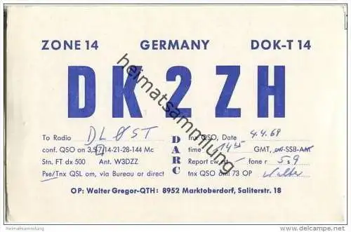 QSL - QTH - Funkkarte - DK2ZH - Marktoberdorf - 1969
