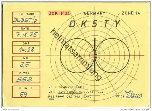 QSL - QTH - Funkkarte - DK5TY - Ebingen - 1975