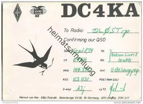 QSL - QTH - Funkkarte - DC4KA - Rösrath - 1974