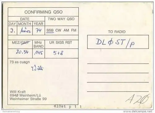 QSL - QTH - Funkkarte - DJ3SX - Weinheim/Lü - 1974