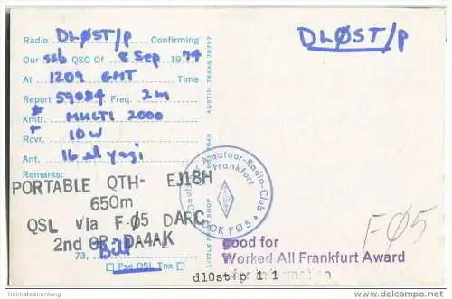 QSL - QTH - Funkkarte - DA1TW/p - Frankfurt am Main - 1974