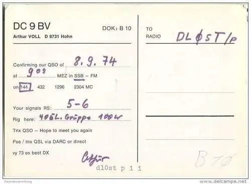 QSL - QTH - Funkkarte - DC9BV - Hohn bei Steinach/Saale - 1974