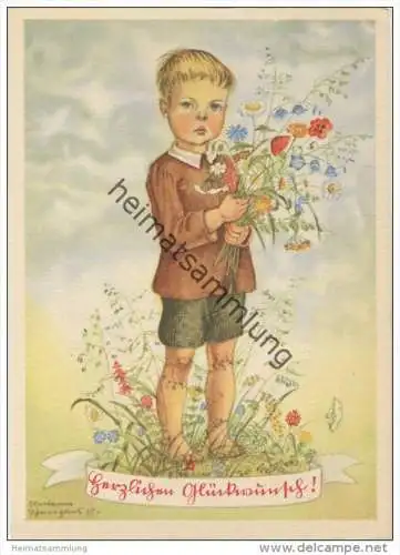 Glückwunsch - Junge mit Feldblumen - Künstlerkarte signiert Marianne Schneegans 35 - AK Grossformat