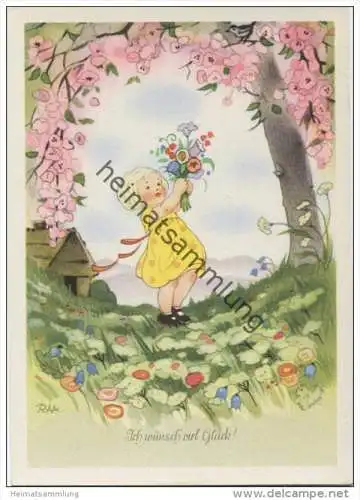 Ich wünsch viel Glück - Mädchen mit Blumenstrauss - Künstlerkarte signiert RAA Charlotte Baron - AK Grossformat 40er Jah