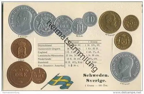 Münzkarte - Nationalflagge - Schweden - Sverige - Prägedruck