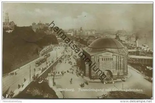 Hamburg - Elbtunnel - Tunneleingang mit Landungsbrücken - Foto-AK gel. 1926