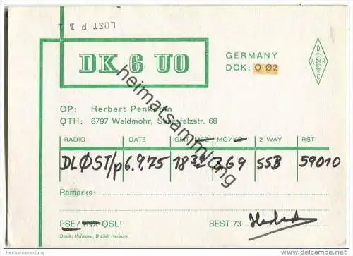 QSL - QTH - Funkkarte - DK6UO - Waldmohr - 1975