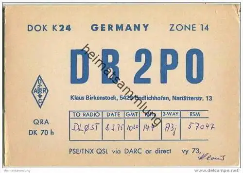 QSL - QTH - Funkkarte - DB2PO - Endlichhofen - 1975