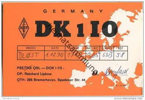 QSL - QTH - Funkkarte - DK1IO - Bremerhaven - 1970