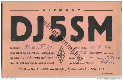 QSL - QTH - Funkkarte - DJ5SM - Waldkirch - 1962