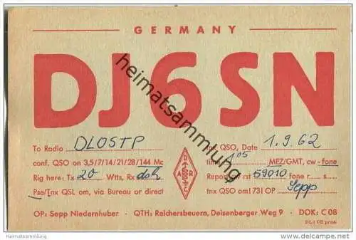 QSL - QTH - Funkkarte - DJ6SN - Reichersbeuern - 1962
