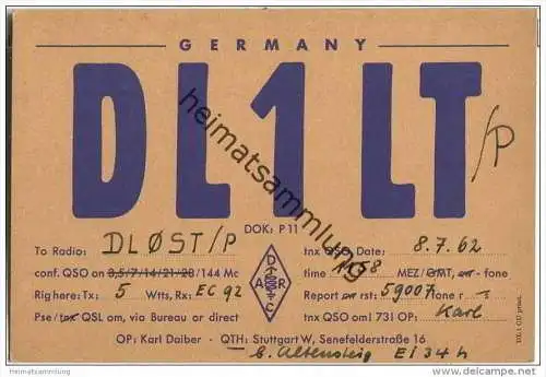 QSL - QTH - Funkkarte - DL1LT - Stuttgart - 1962
