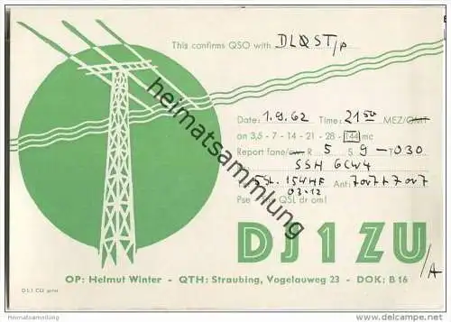 QSL - QTH - Funkkarte - DJ1ZU - Straubing - 1962
