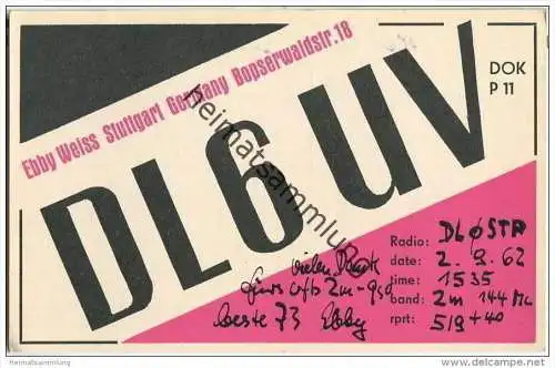 QSL - QTH - Funkkarte - DL6UV - Stuttgart - 1962