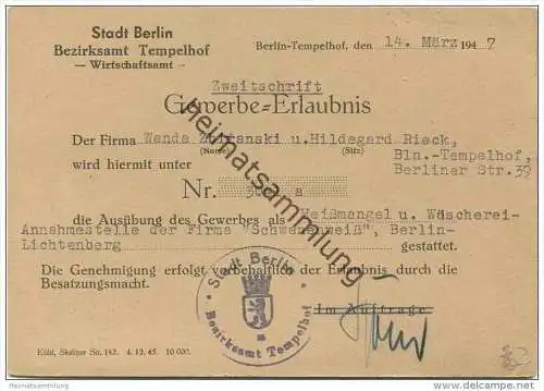 Gewerbe-Erlaubnis - Stadt Berlin Bezirksamt Tempelhof Wirtschaftsamt 1947