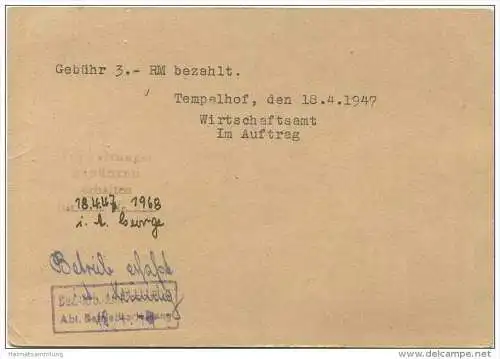 Gewerbe-Erlaubnis - Stadt Berlin Bezirksamt Tempelhof Wirtschaftsamt 1947