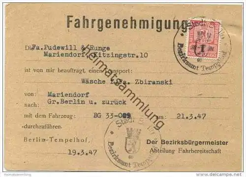 Fahrgenehmigung 1947 der Fa. Pudewill &amp; Runge Mariendorf - Transport von Mariendorf nach Gross Berlin und zurück