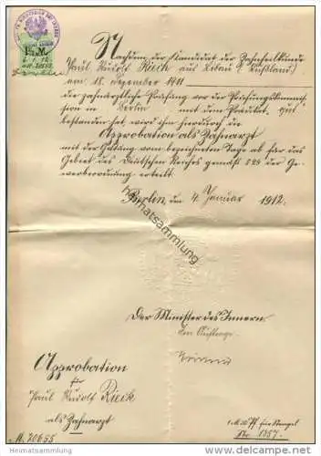 Approbation als Zahnarzt - Berlin 4. Januar 1912 - Zulassung für das Gebiet des Deutschen Reiches