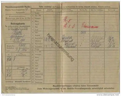 Versicherungsanstalt Berlin - Beitragskarte für selbständige Gewerbetreibende 1945