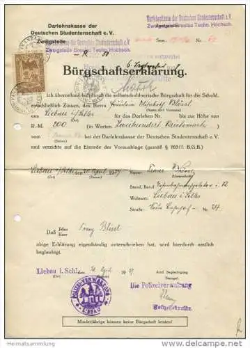 Bürgschaftserklärung - Darlehnskasse der Deutschen Studentenschaft e.V. Breslau 1927
