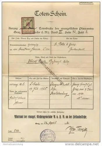 Toten-Schein - Auszug aus dem Totenbuche des evangelischen Pfarramtes Graz Steiermark - Heilandskirche 1920