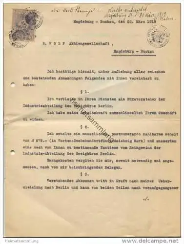 Magdeburg-Buckau 1919 - Arbeitsvertrag eines Bürovorstehers mit der Firma R. Wolf AG - Arbeitsplatz Zweigstelle Berlin